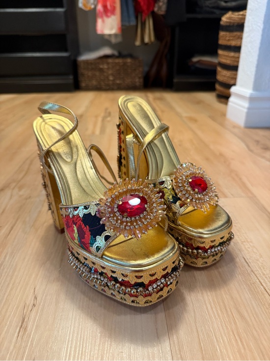 Azalea Wang Shoes - Gold Platform Slingback Heels with Red Gem Accents